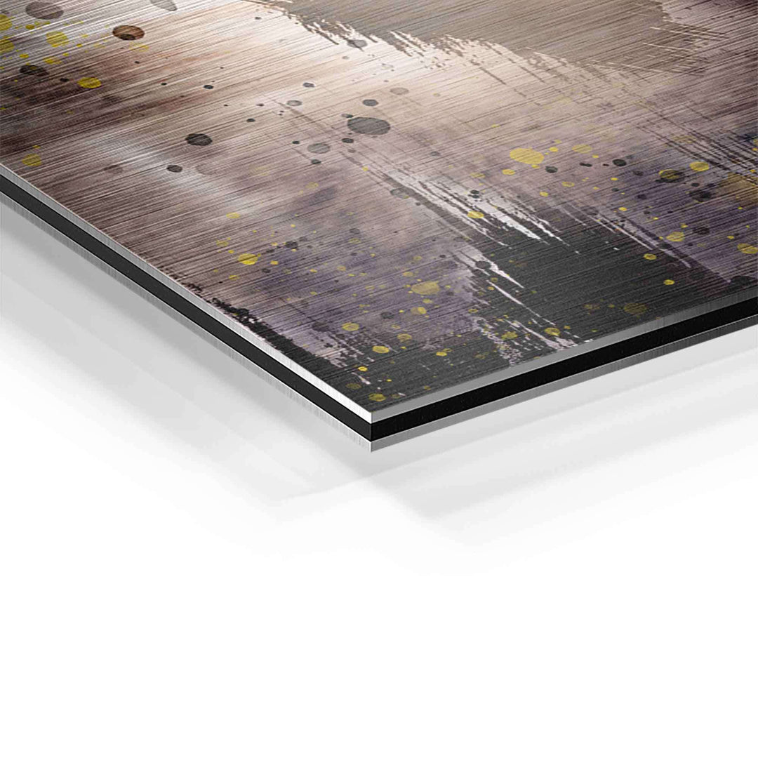 Detailaufnahme Motivationsbild auf Aluminium, abstraktes Design mit Farbklecksen
