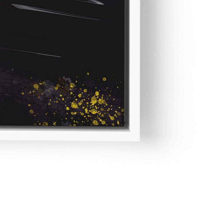 Motivationsbild mit schwarzem Hintergrund, goldene Farbspritzer auf moderner Leinwand