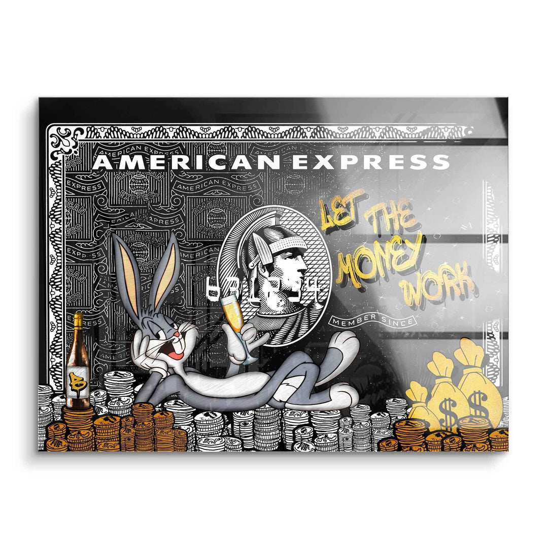 Pop Art Wandbild mit Bugs Bunny, Geldstapeln, Sektglas und American Express Motiv