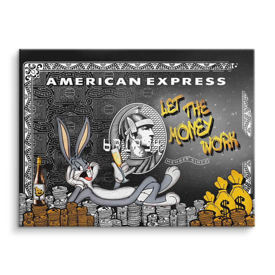 Comic Motivationsbild mit Bugs Bunny, Geldstapel, goldenen Säcken und American Express Karte