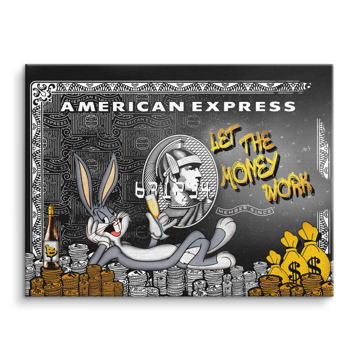 Comic Motivationsbild mit Bugs Bunny, Geldstapel, goldenen Säcken und American Express Karte