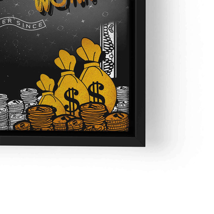 Motivationsbild mit Geldsäcken, Münzen und Dollarzeichen im Comic-Stil auf schwarzem Hintergrund