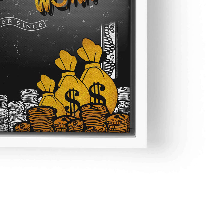 Motivationsbild mit Geldsäcken, Münzen und Dollarzeichen im Comic-Stil auf dunklem Hintergrund