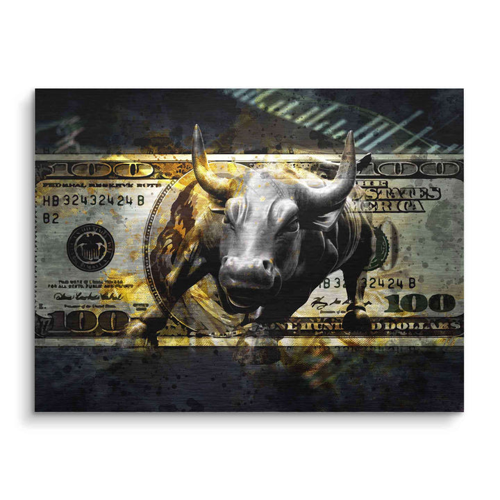 Metallischer Bulle vor 100-Dollar-Schein, Börse, Motivationsbild, Wandbild Kunst