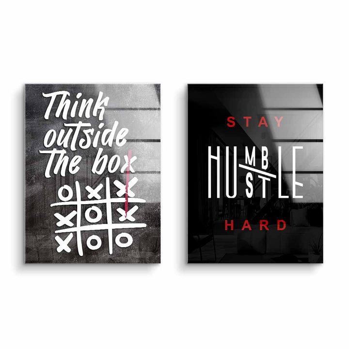 Motivationsbilder Bundle mit Tic-Tac-Toe und Sprüchen Think outside the box, Stay humble hustle hard, moderne Wanddekoration Büro