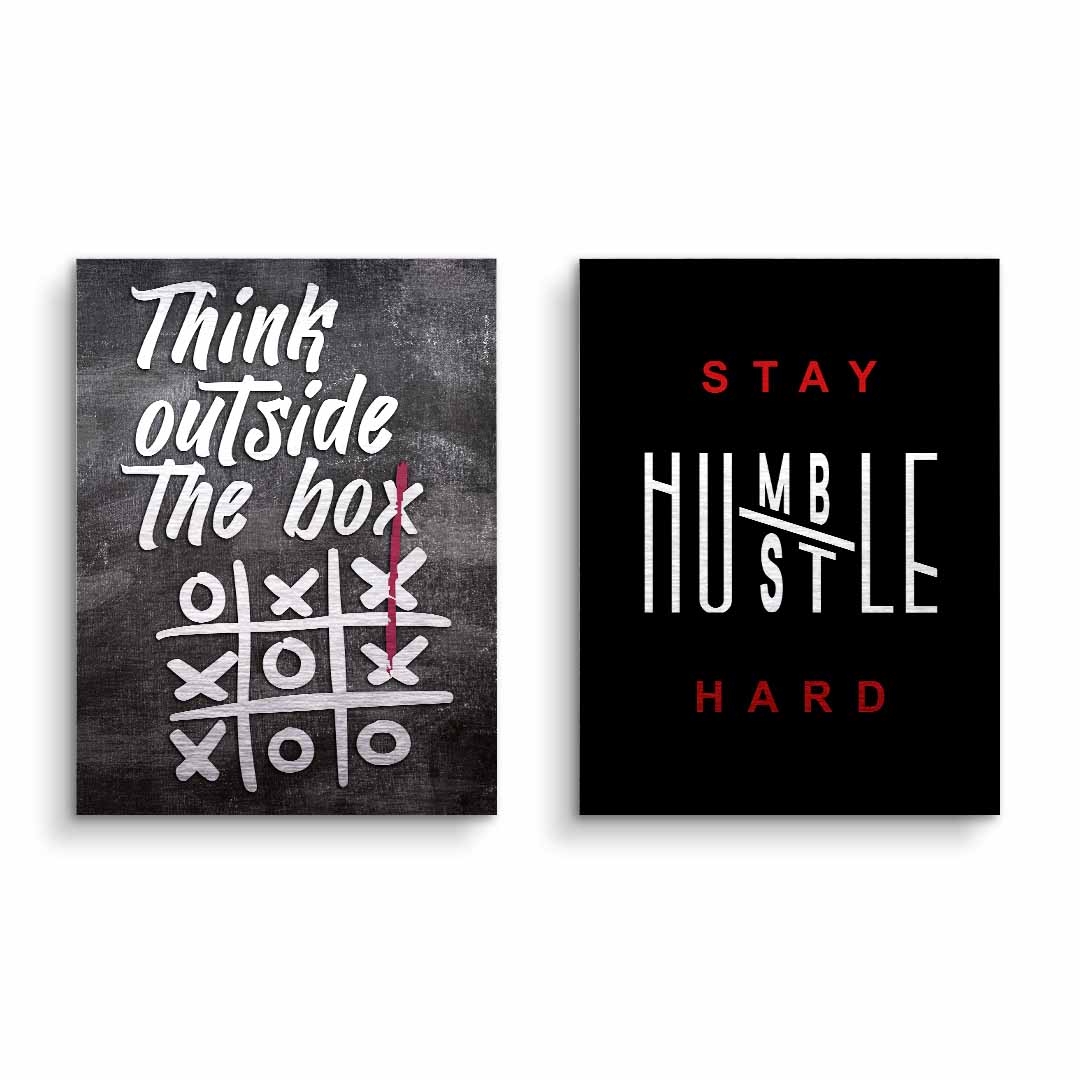 Motivationsbilder Set mit Kreidetafel-Look, Sprüchen Think outside the box und Stay humble hustle hard
