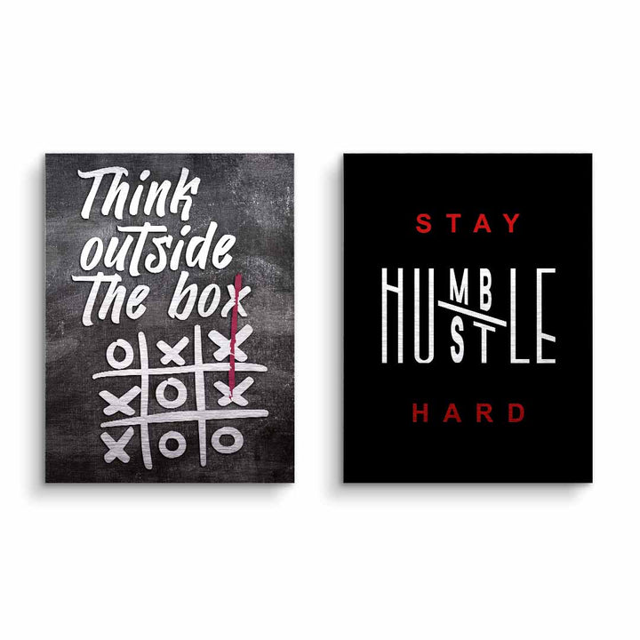 Motivationsbilder Set mit Kreidetafel-Look, Sprüchen Think outside the box und Stay humble hustle hard