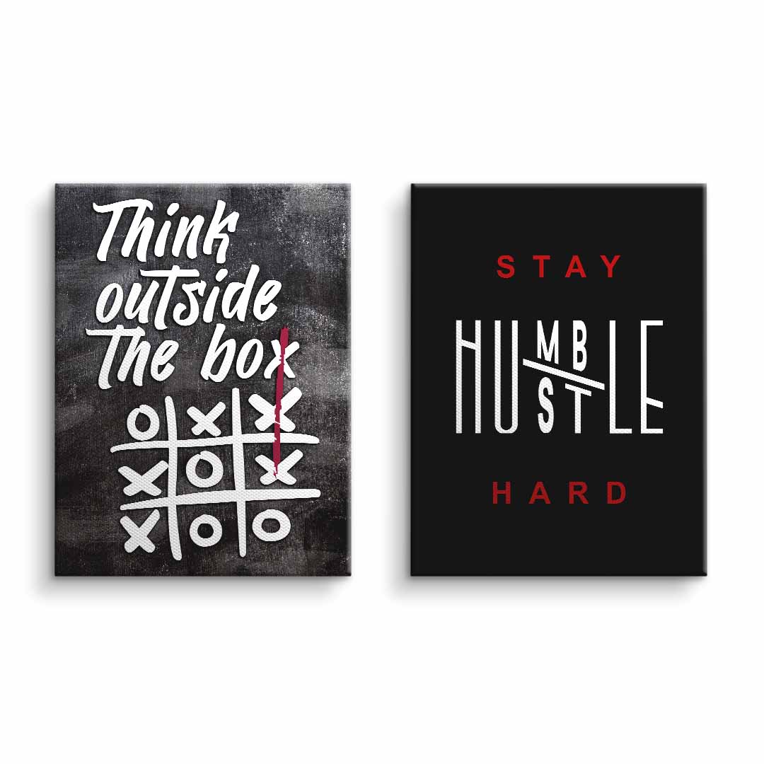 Modernes Motivationsbild-Bundle mit Sprüchen 'Think outside the box' und 'Stay humble hustle hard' auf Leinwand, ideal als Wanddekoration fürs Büro.