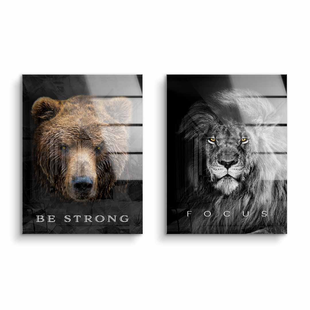 Motivationsbilder-Set mit Bär und Löwe, Text Be Strong und Focus auf Acryl Wandbild