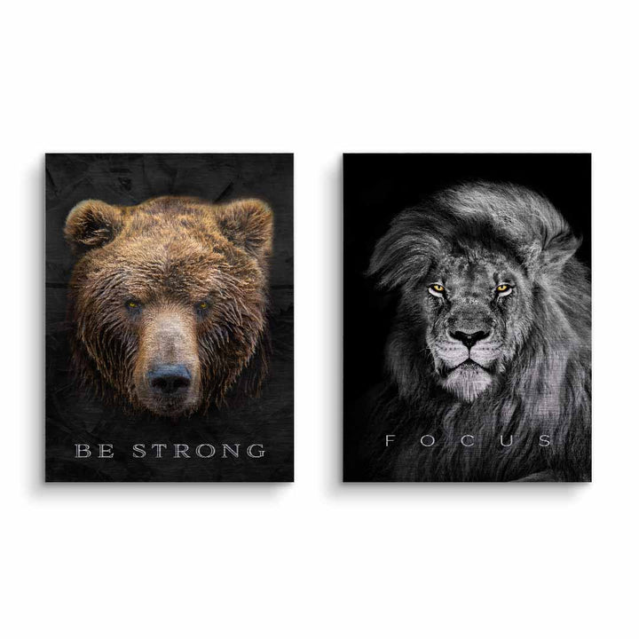 Motivationsbild-Set mit Bär und Löwe auf dunklem Hintergrund, Wandbilder mit Texten "Be Strong" und "Focus"