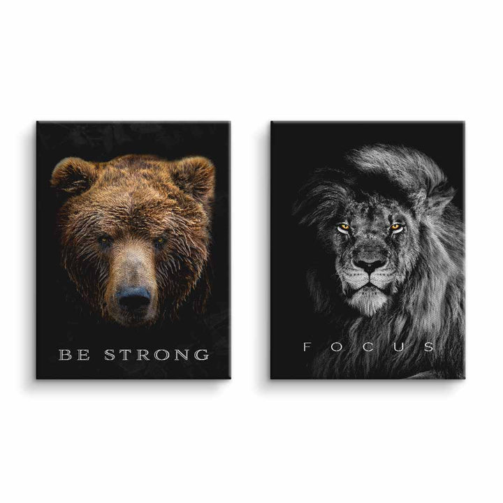 Motivationsbild Bundle: Bär mit Text 'Be Strong', Löwe mit Text 'Focus', schwarze Wandbilder