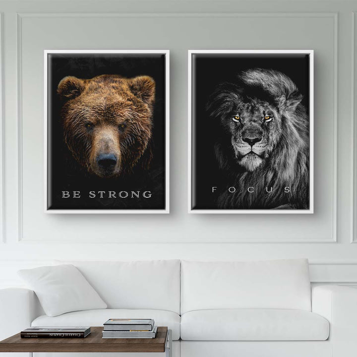 Motivationsbilder Bundle mit Bär und Löwe als Wandbilder über Sofa, modern, inspirierend