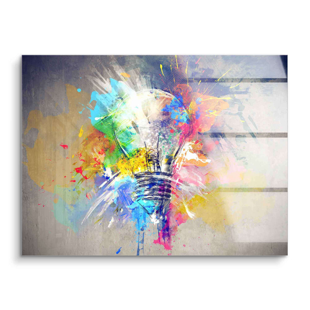 Motivationsbild mit bunter Glühbirne, Acryl-Wandbild, moderne Kunst, Farbspritzer