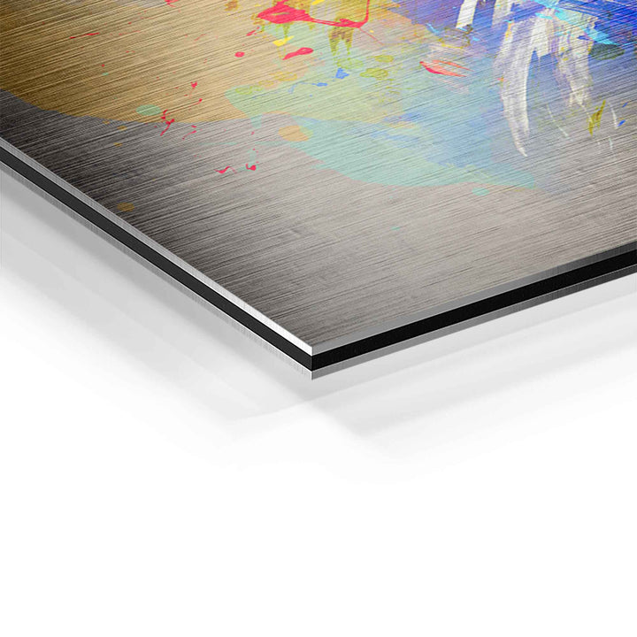 Detailansicht buntes Motivationsbild Lampe auf gebürstetem Aluminium