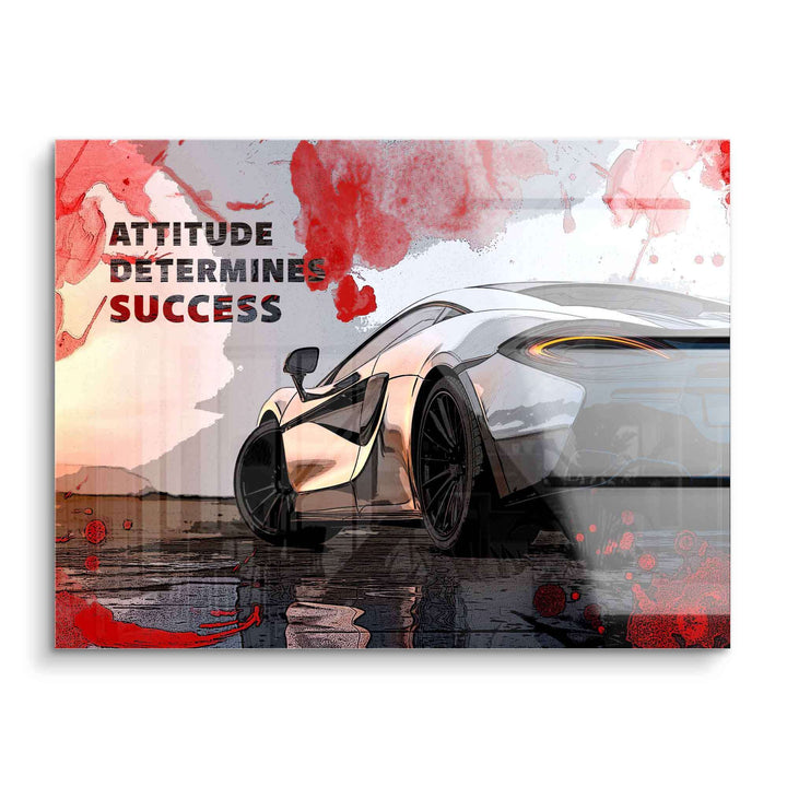 Motivationsbild mit Sportwagen, Spruch 'Attitude determines success', Aquarellstil, Wandbild