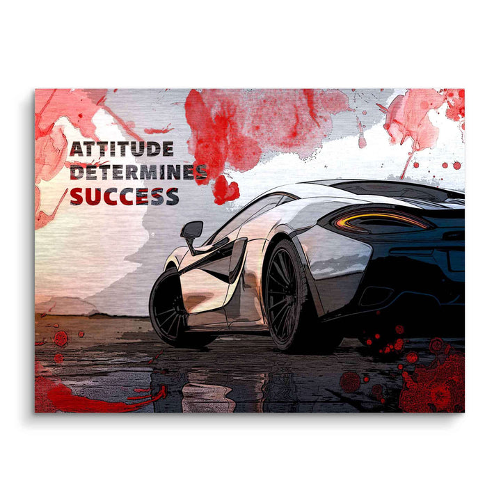 Motivationsbild Sportwagen mit Spruch Attitude Determines Success, moderne Wandkunst, rot-grau