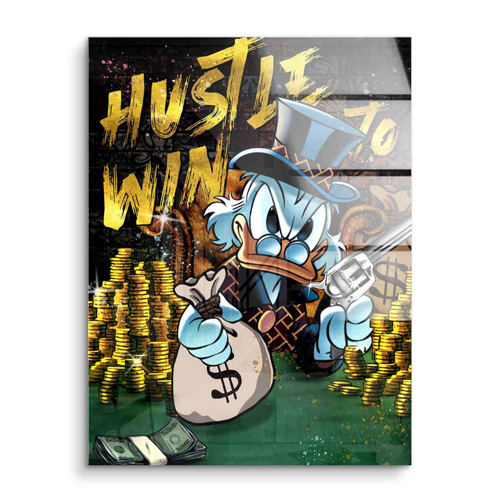 Comic-Ente mit Geldsäcken und Revolver, goldene Münzstapel, Motivationsbild mit Hustle-to-Win-Schriftzug
