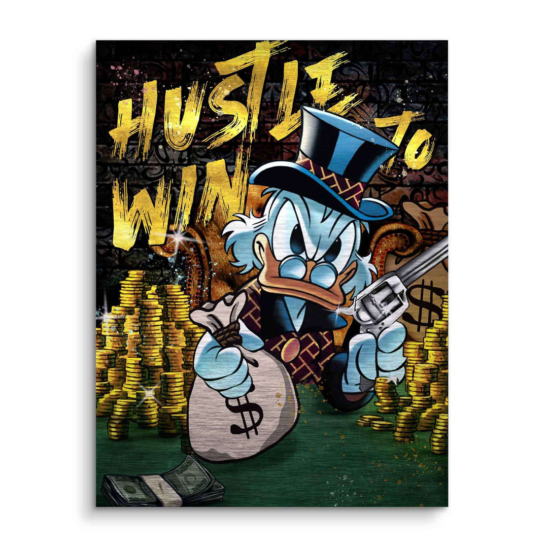 Motivationsbild im Pop Art Stil mit Comic-Ente, Geldsäcken, Münzen und Text 'Hustle to Win'.