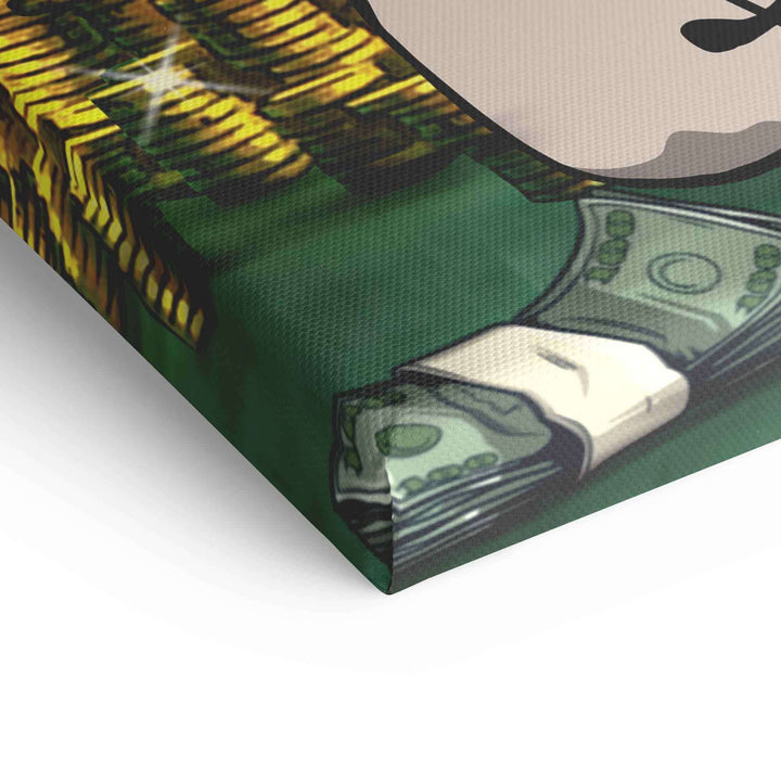 Detailaufnahme Pop Art Leinwandbild mit Geldscheinen und Goldmünzen, Motivationskunst