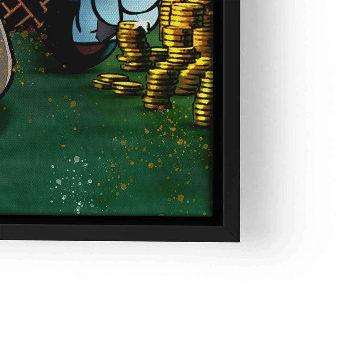 Comic-Kunst Motivationsbild mit Cartoonfigur und Goldmünzen auf grünem Hintergrund