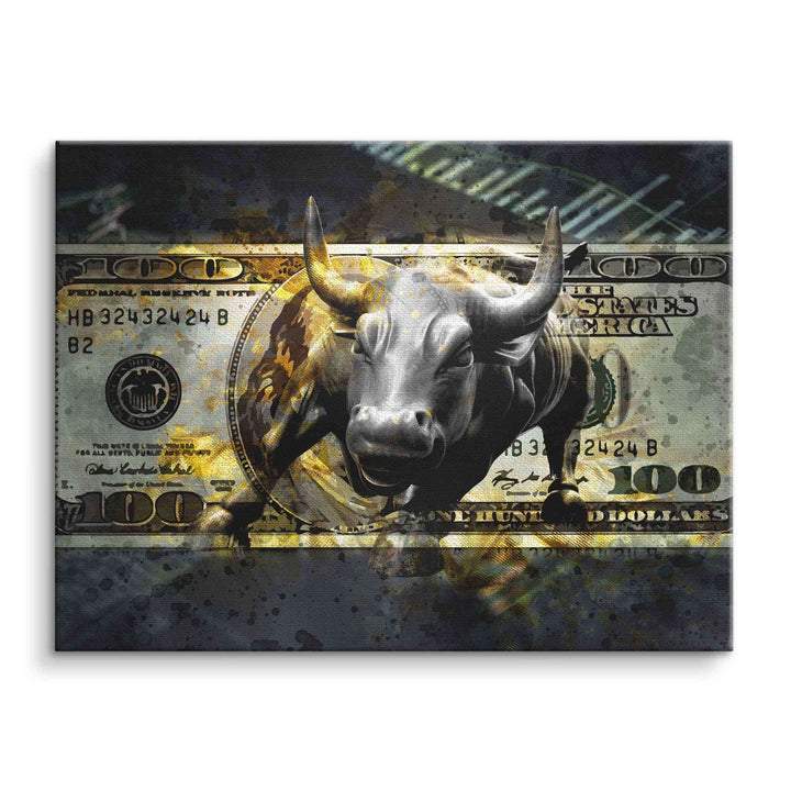 Leinwandbild mit Bullen-Skulptur vor Dollar-Schein, Börse und Motivation Wandbild