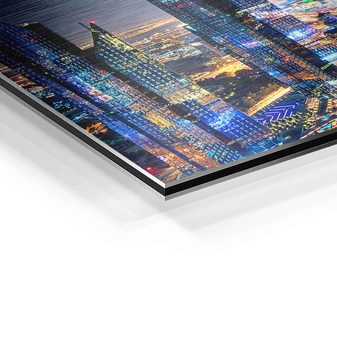 Detailaufnahme Wandbild Dubai Skyline auf Aluminium, moderner Kunstdruck, leuchtende Farben