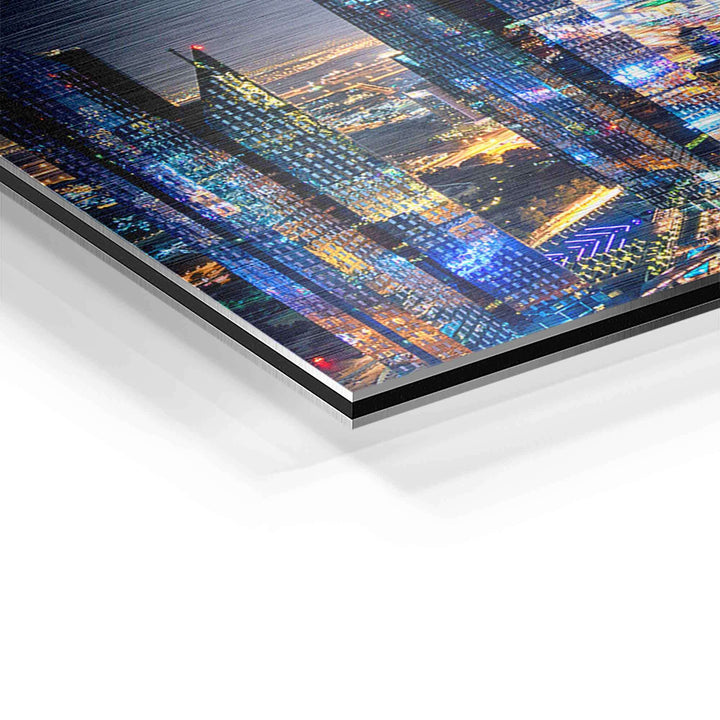 Detailaufnahme Wandbild Dubai Skyline auf Aluminium, moderner Kunstdruck, leuchtende Farben
