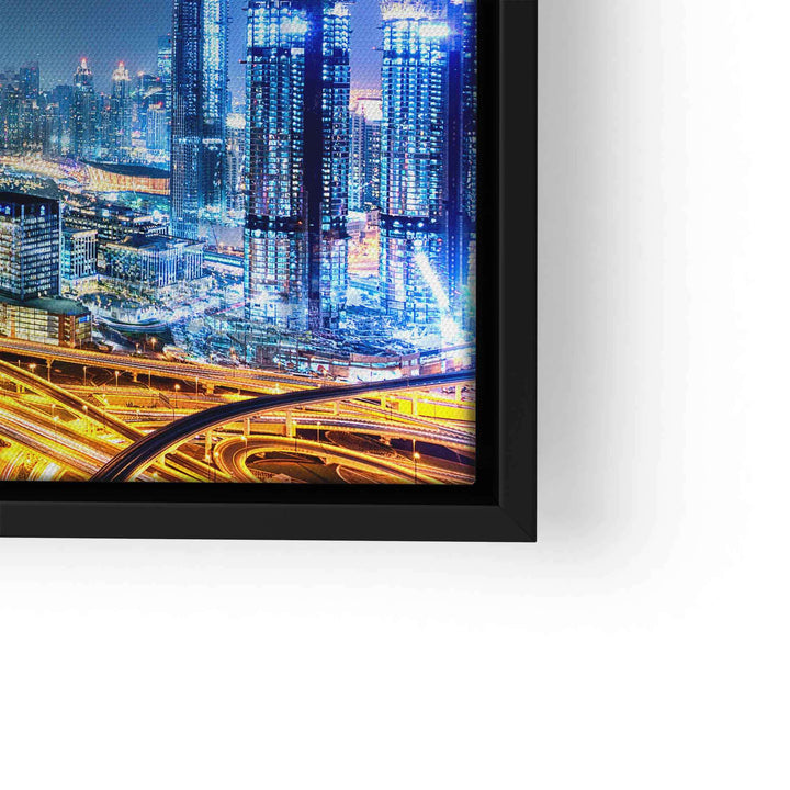 Leinwandbild Dubai Skyline bei Nacht mit beleuchteten Hochhäusern und Straßen, Motivationsbild