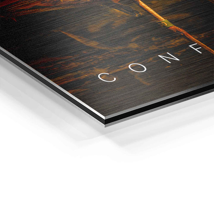 Detailansicht Motivationsbild Flamingo, Schriftzug Confidence auf Aluminium-Druck