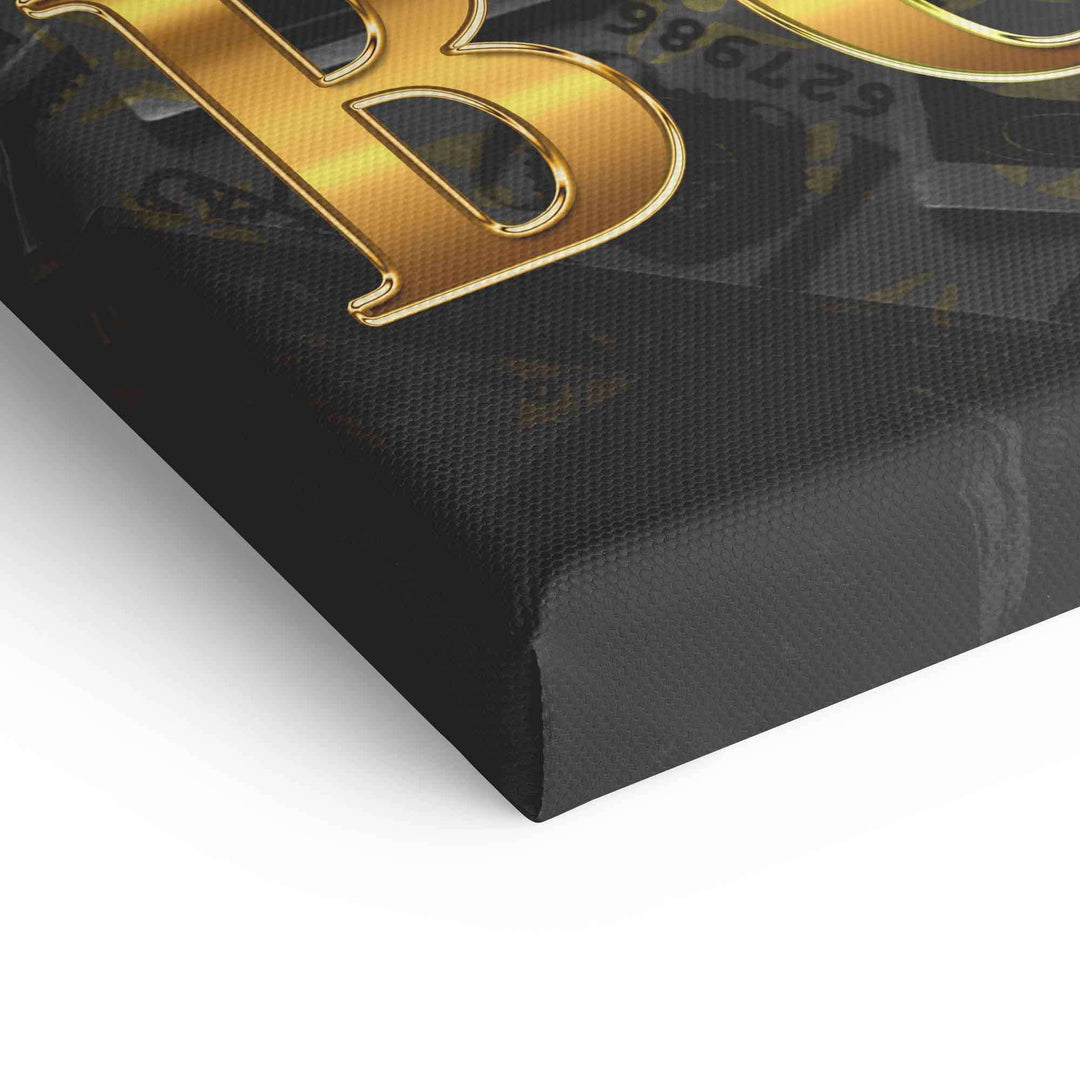Detailansicht einer Leinwand mit Motivationsbild, goldener Schrift und dunklem Hintergrund