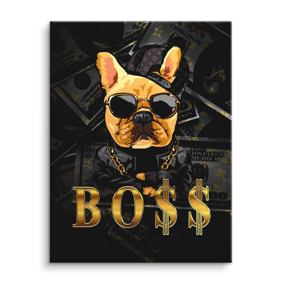 Motivationsbild einer französischen Bulldogge mit Sonnenbrille, Kette und Boss-Schriftzug auf Leinwand