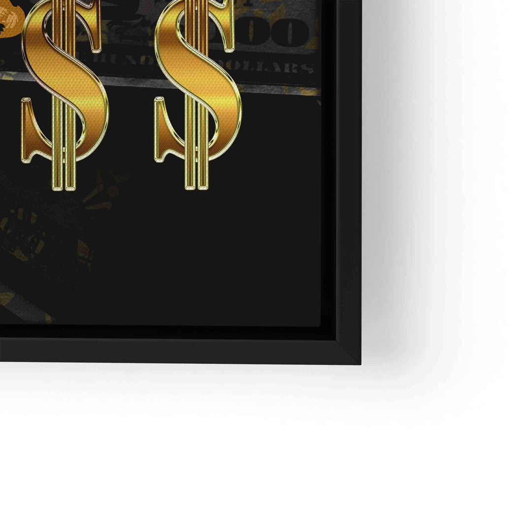 Wandbild mit goldenen Dollarzeichen auf schwarzem Hintergrund, stilvolles Motivationsbild