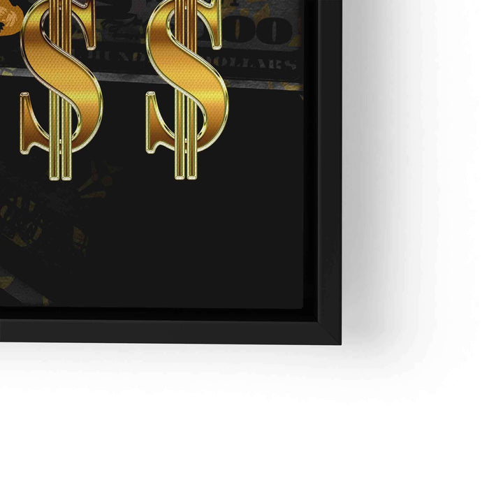 Wandbild mit goldenen Dollarzeichen auf schwarzem Hintergrund, stilvolles Motivationsbild