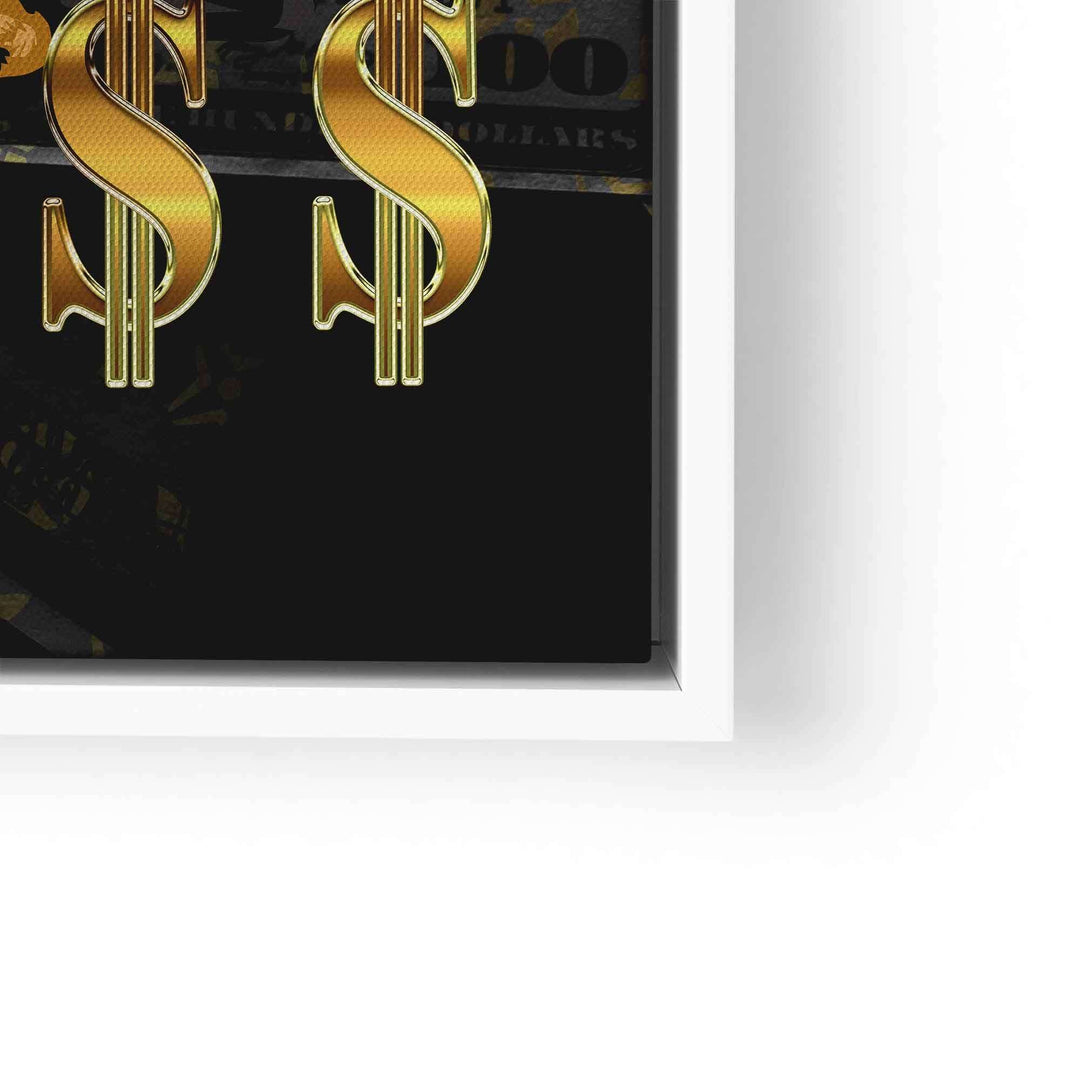 Modernes Wandbild mit goldenen Dollarzeichen auf dunklem Hintergrund, Motivationskunst