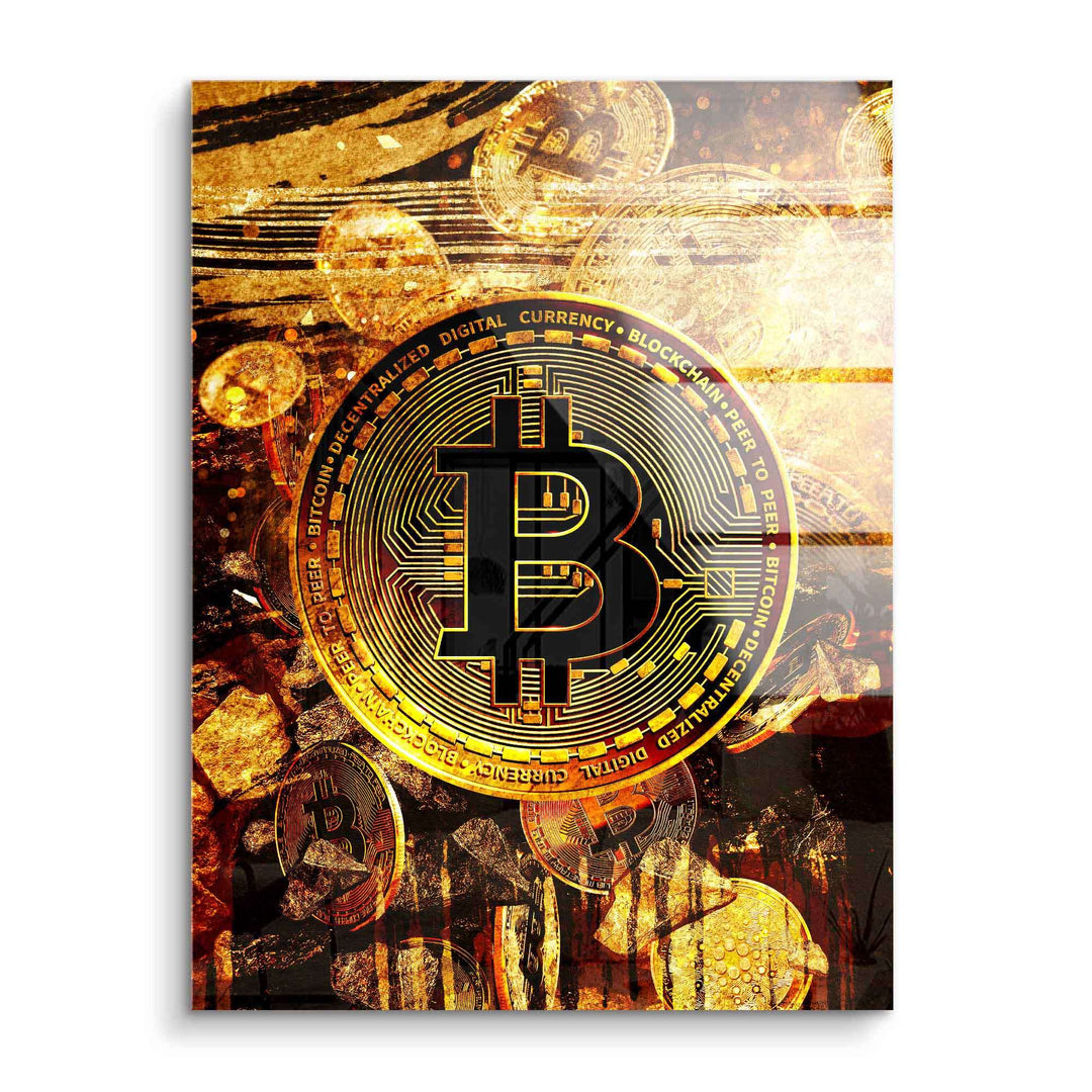 Modernes Acryl Wandbild mit goldener Bitcoin-Münze, digitales Motivationsbild