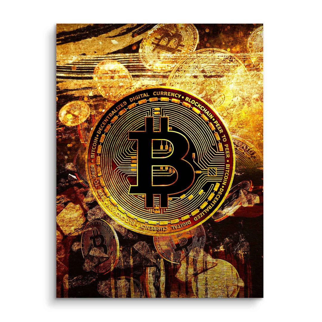 Goldene Bitcoin-Münze auf künstlerischem, glänzendem Hintergrund als Wandbild