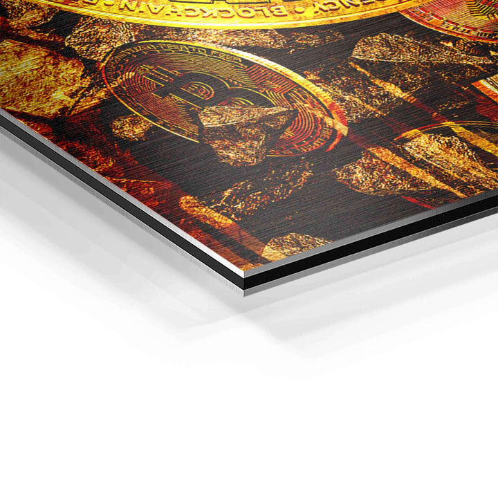 Detailaufnahme eines goldenen Bitcoin-Motivationsbildes auf Aluminium mit Goldnuggets