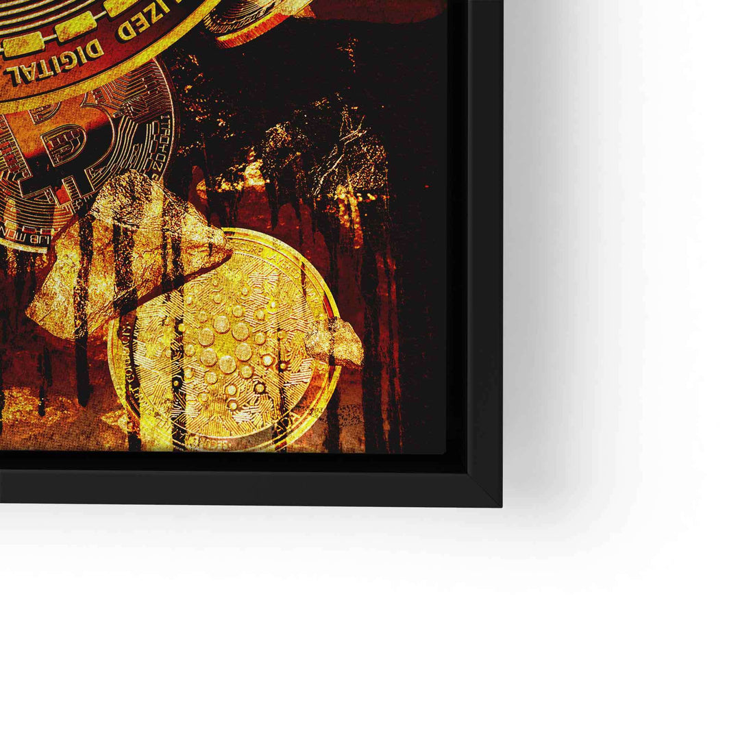 Motivationsbild mit goldenem Bitcoin, abstrakte Kunst in Schwarz und Gold im schwarzen Rahmen