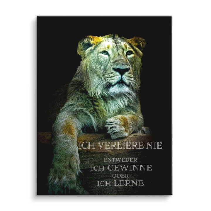Motivationsbild Leinwand mit grünlichem Löwen und Spruch: Ich verliere nie, ich gewinne oder lerne