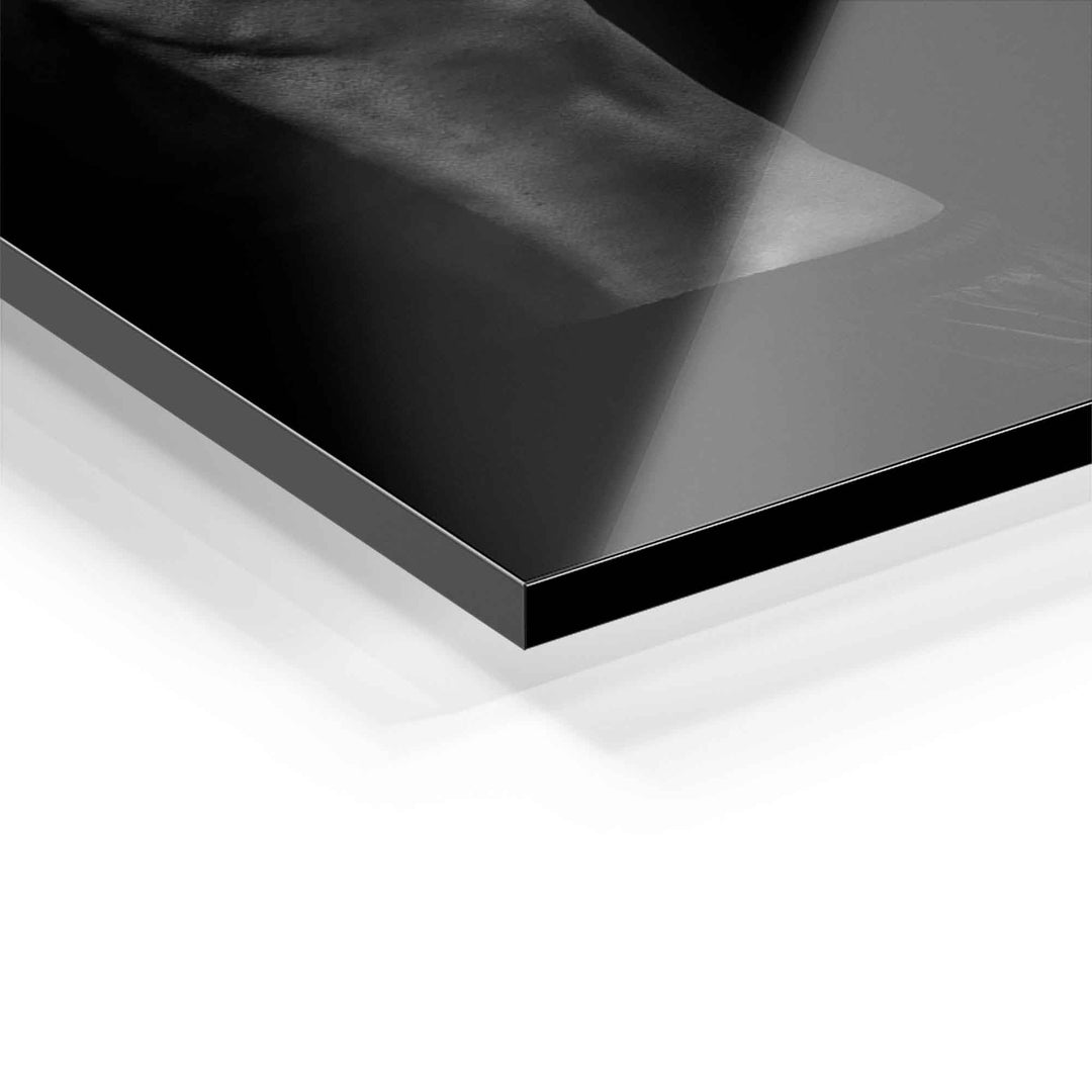Detailaufnahme eines Motivationsbilds auf glänzendem Acrylglas, Nahaufnahme Ecke