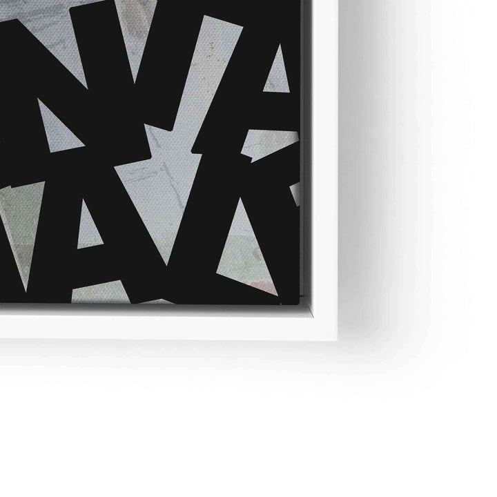 Detail eines modernen Motivationsbilds mit schwarzer Typografie auf Leinwand im weißen Rahmen