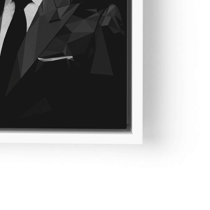 Schwarz-weiß Polygon-Motivationsbild eines Mannes im Anzug, moderner Kunstdruck gerahmt