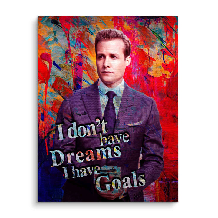 Motivationsbild mit elegant gekleideter Mann im Anzug vor buntem Hintergrund und Text: 'I don't have dreams, I have goals'.