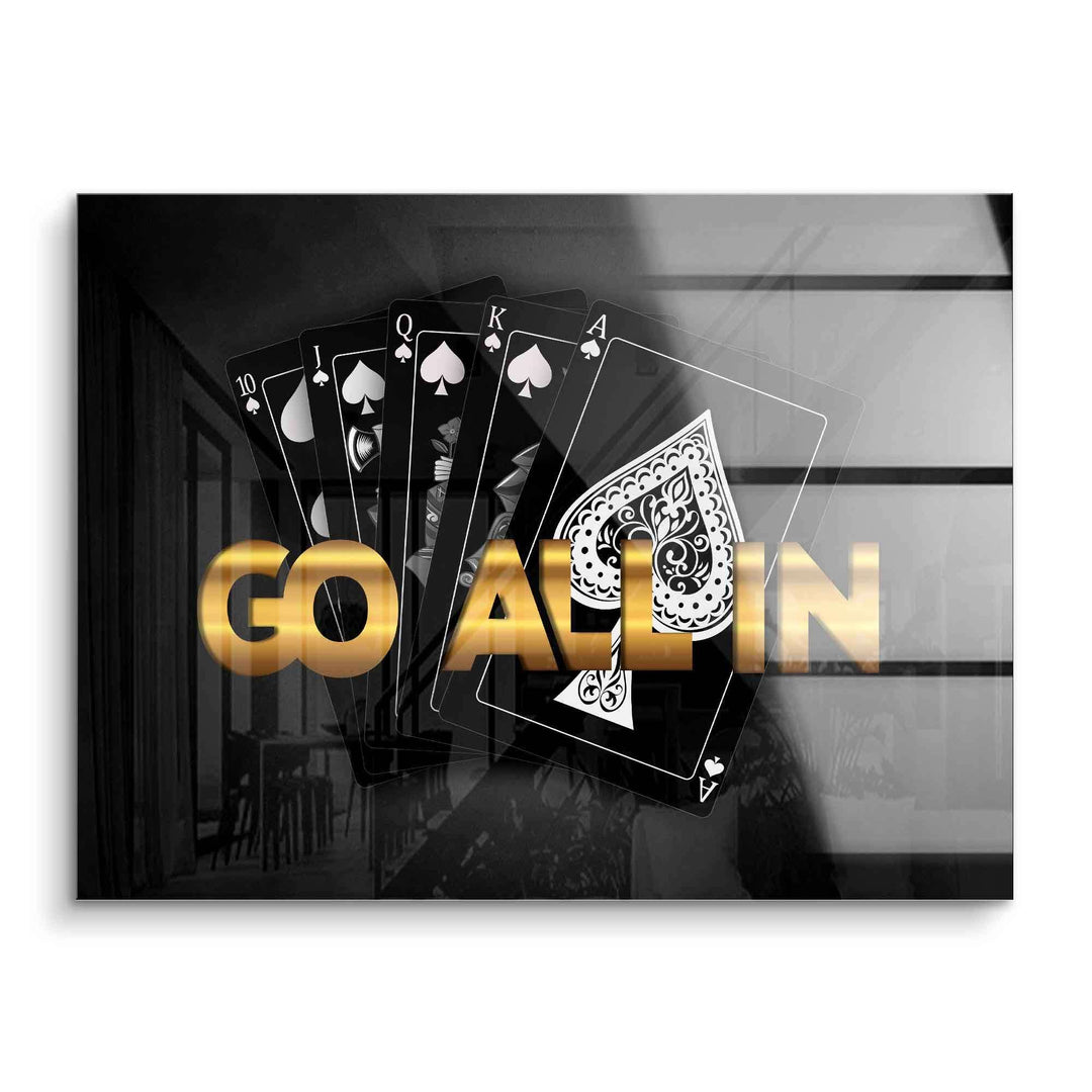 Motivationsbild auf Acryl mit Pokerkarten und goldener Schrift Go All In, modernes Wandbild