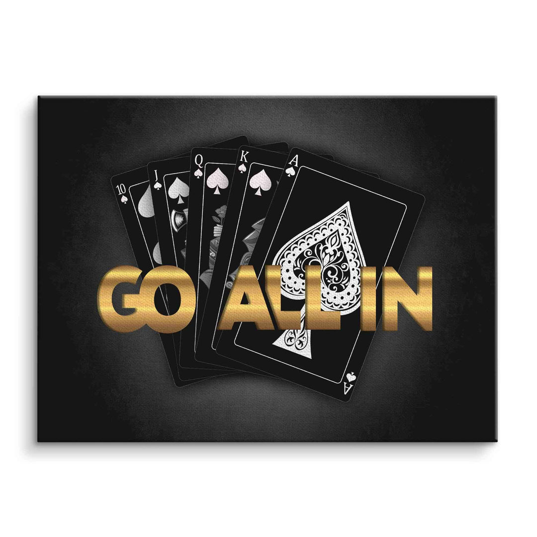 Leinwandbild mit schwarzen Spielkarten und goldener Aufschrift Go All In, Motivationsbild