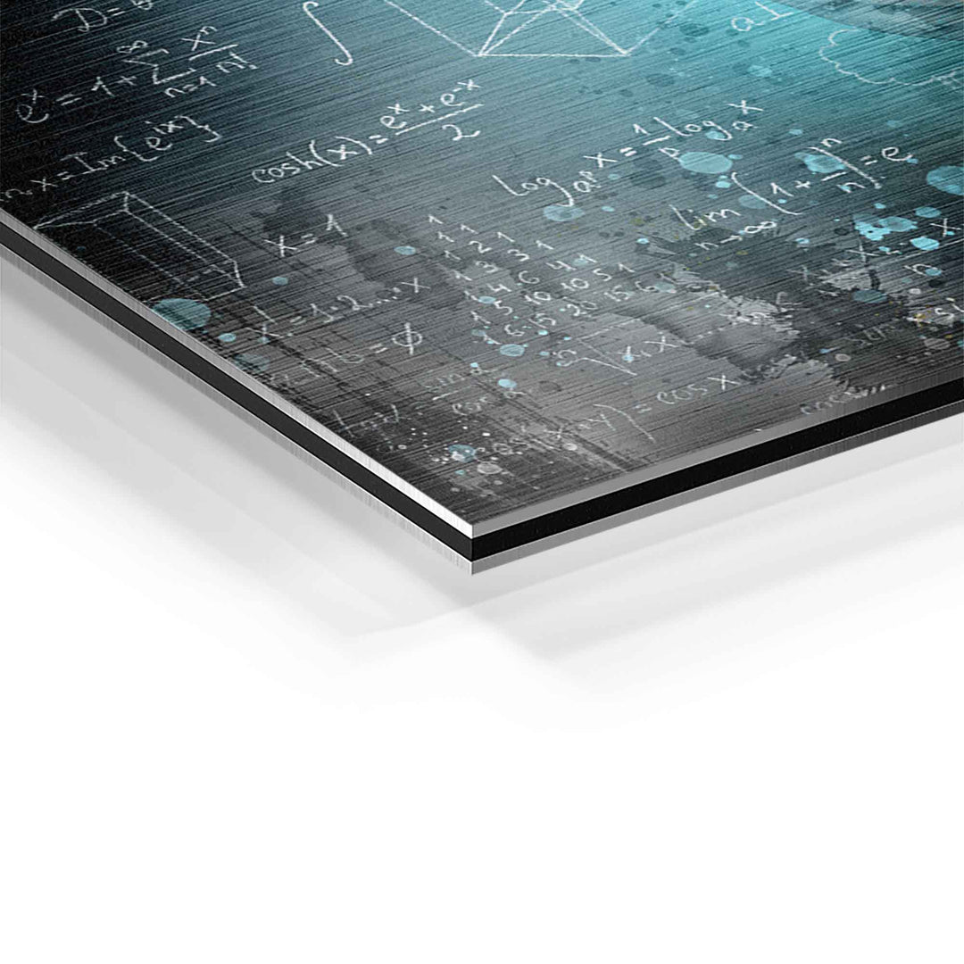 Modernes Wandbild auf Aluminium mit mathematischen Formeln und abstrakten Motiven in Blau