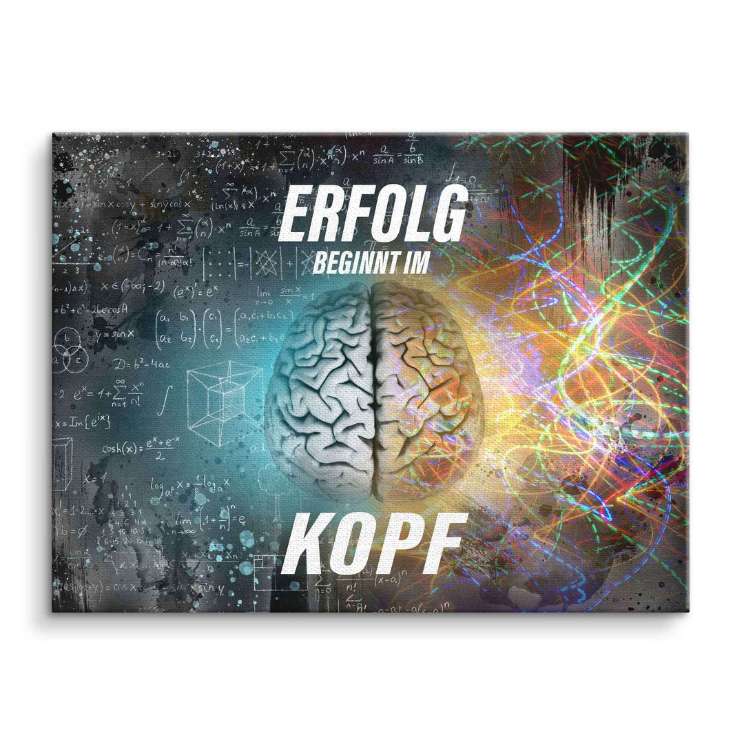 Motivationsbild auf Leinwand mit Gehirn, mathematischen Formeln und Spruch 'Erfolg beginnt im Kopf'
