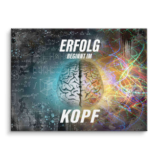 Motivationsbild auf Leinwand mit Gehirn, mathematischen Formeln und Spruch 'Erfolg beginnt im Kopf'