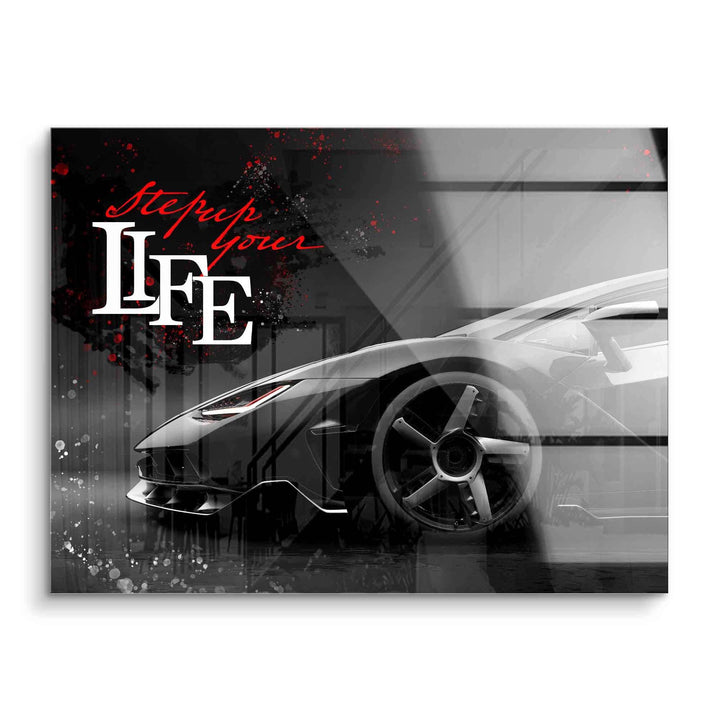 Motivationsbild mit Lamborghini Sportwagen, Acrylglas, Spruch Step up your Life, modern