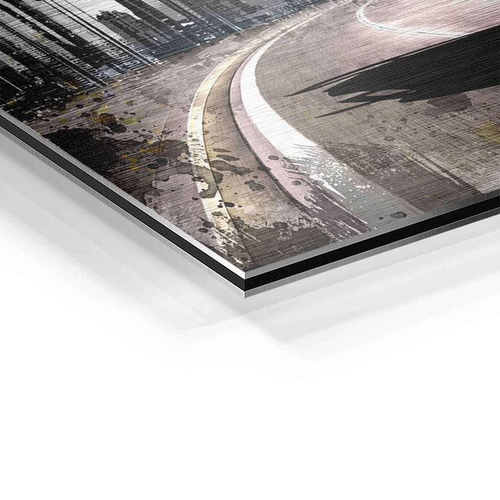 Detailansicht Motivationsbild auf Aluminium mit Straßen- und Stadtkulisse, moderne Kunst